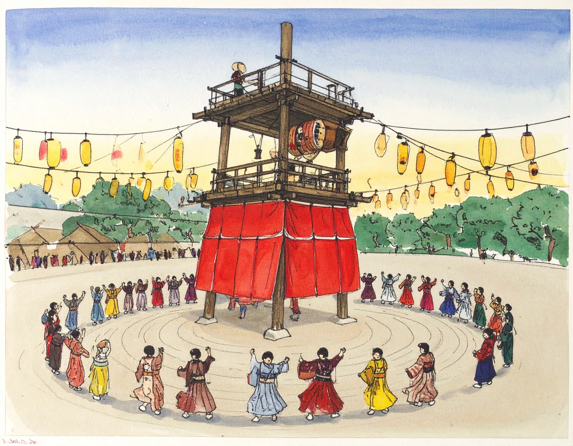 La tour d’un bon odori. Un tambour résonne au sommet d’une tour de bois tendue de rouge et blanc ; des lampions pendent des cordes tirées vers le sol. En contrebas, des danseurs en yukata tournent en cercle.