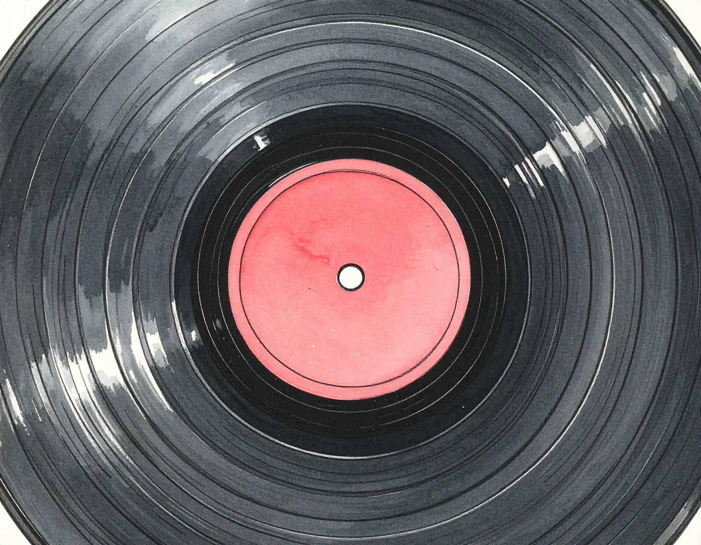 Gros plan d’un disque vinyle. Les sillons concentriques emplissent l’image ; l’étiquette centrale est un simple rond vermillon.