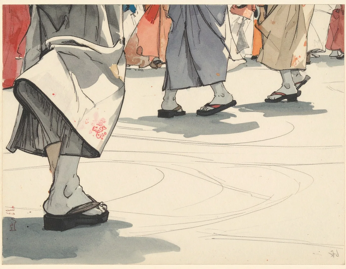 Des ourlets de yukata et des socques alignés en un arc qui s’éloigne. Tous avancent le même pied ; le sol garde la trace circulaire de la danse.