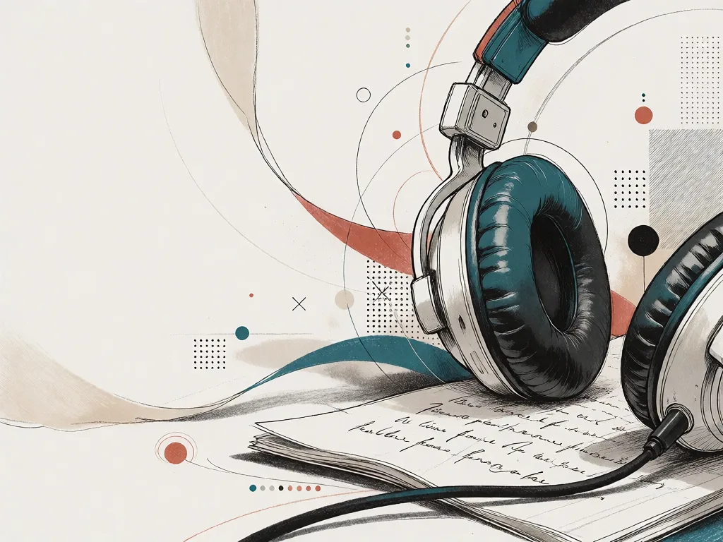 Gros plan sur un casque de studio accroché au coin d’un pupitre. Le câble pend vers le sol, où traîne une page de script.