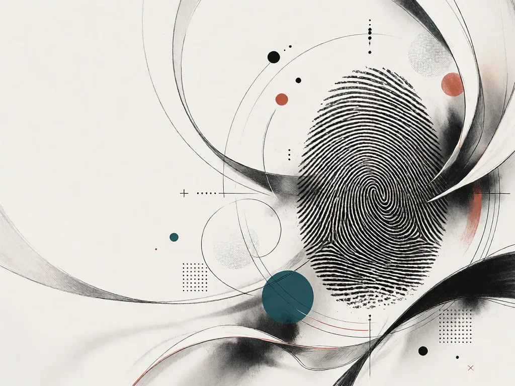 Gros plan sur une empreinte digitale restée sur une vitre. La lumière rasante la fait ressortir nettement, le centre de la spirale est bien visible. Fond sombre.